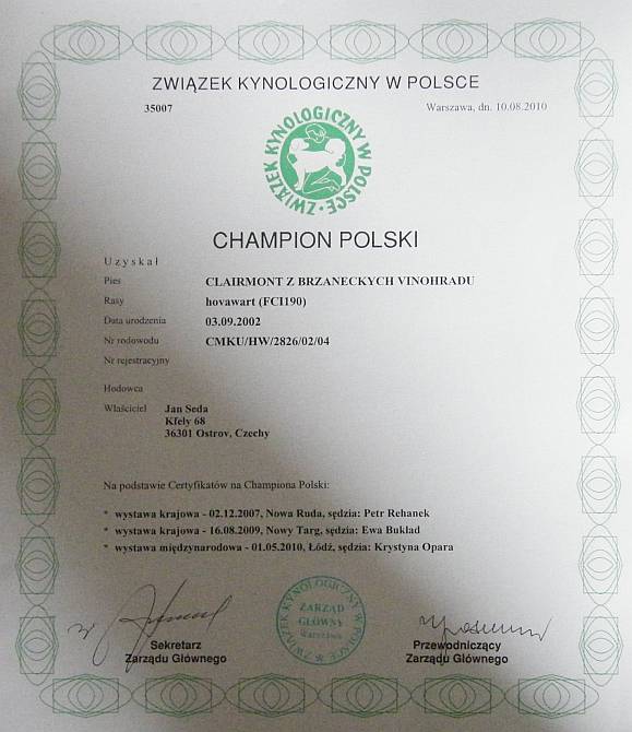 Champion Polski Clairmont z Brzaneckych vinohradu Champion Polski Clairmont z Brzaneckych vinohradu